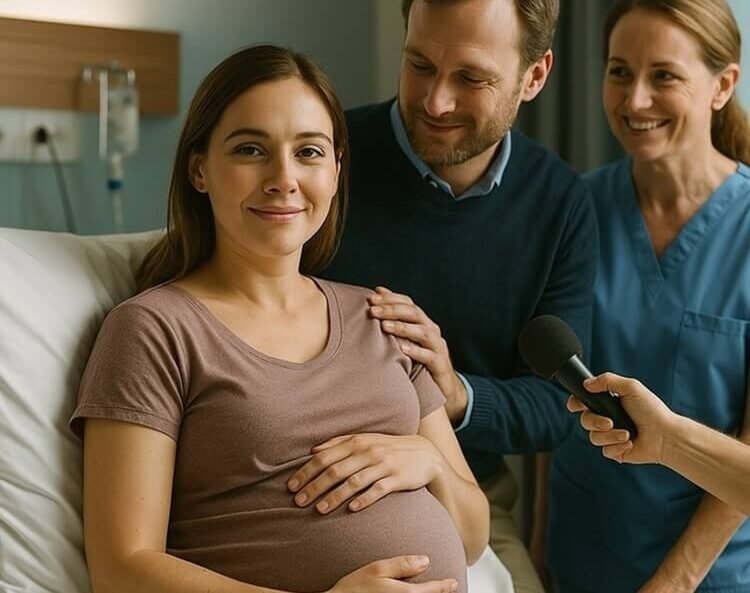 Mujer embarazada acompañada de su pareja y una enfermera en una habitación de hospital, simbolizando el apoyo económico y familiar que ofrece el Seguro Vida Mujer ante complicaciones de maternidad.