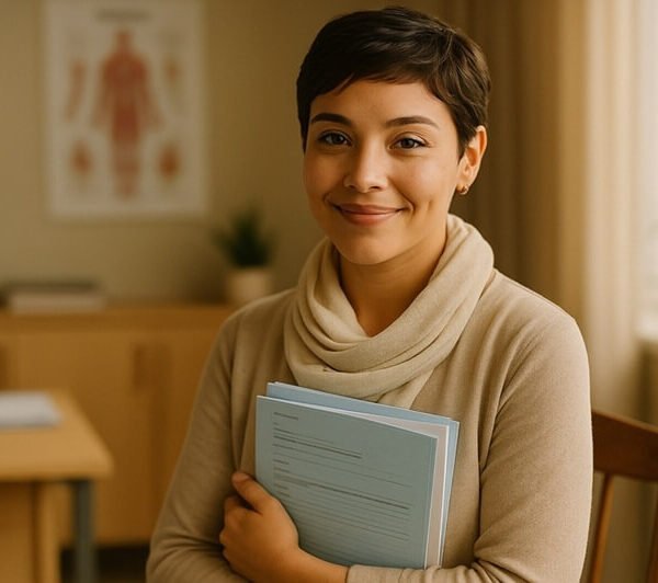Mujer mexicana joven con cabello corto y bufanda suave, sonriendo mientras sostiene documentos médicos en una clínica acogedora, simbolizando recuperación y apoyo económico del Seguro Vida Mujer de Seguros Monterrey
