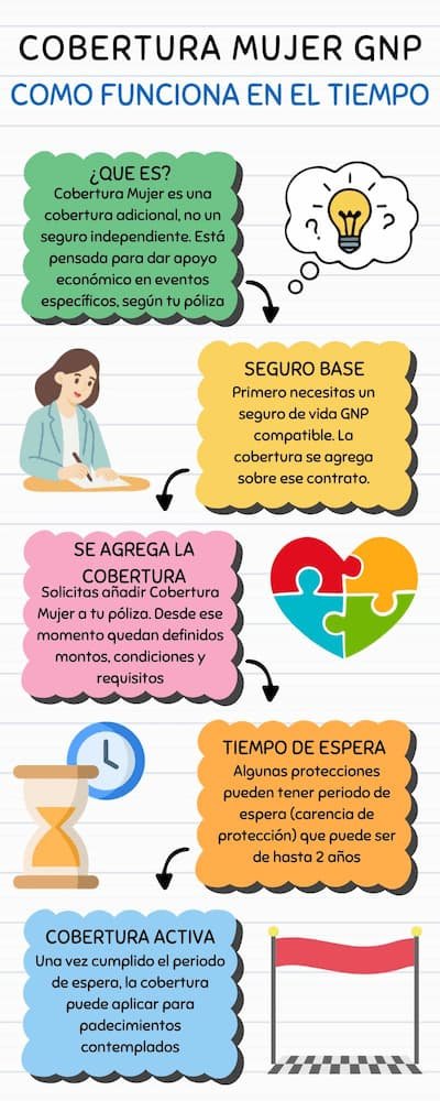 Infografía de línea del tiempo que explica cómo funciona Cobertura Mujer GNP: seguro base, añadir la cobertura, periodo de espera y activación de padecimientos cubiertos.