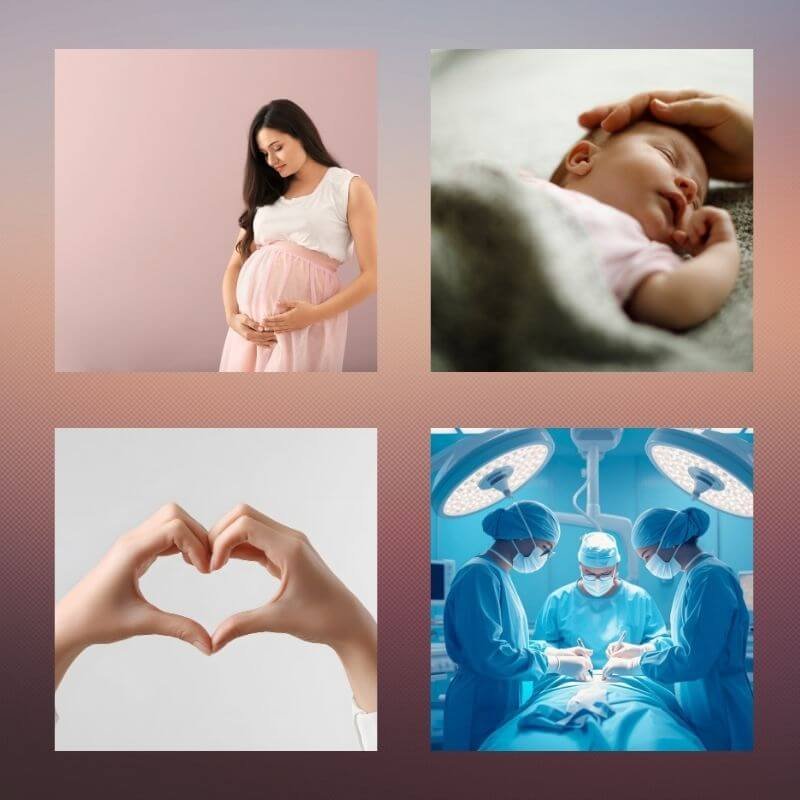 Collage cuadrado 1:1 con imágenes que representan embarazo, bebé, cáncer (lazo rosa) y atención médica para enfermedades graves, asociado a Cobertura Mujer GNP.