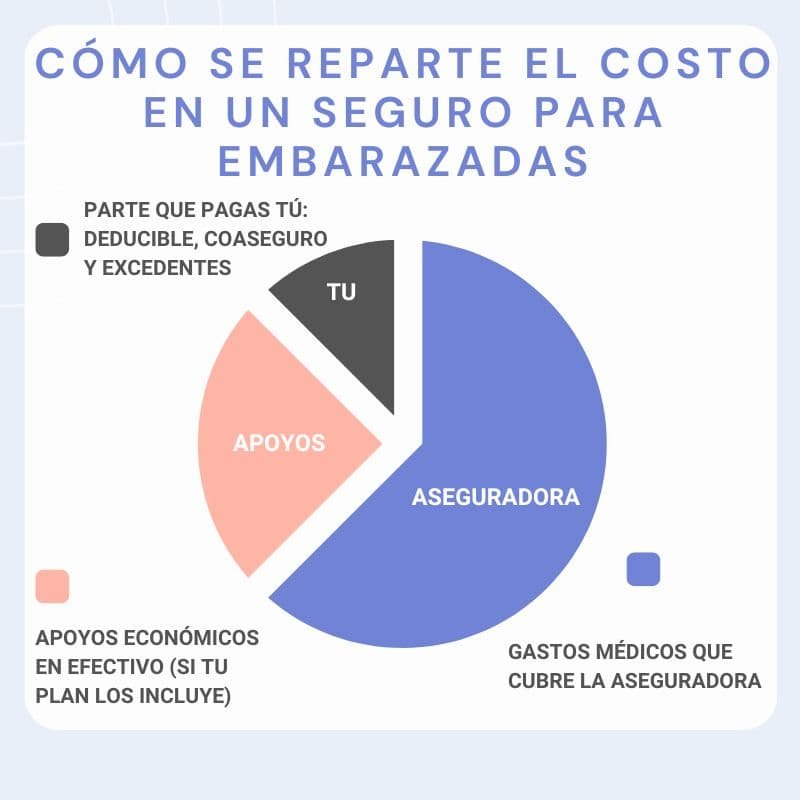 Gráfica de pastel que muestra la distribución aproximada entre gastos médicos cubiertos por el seguro, apoyos económicos en efectivo y la parte que paga la asegurada en un seguro para embarazadas