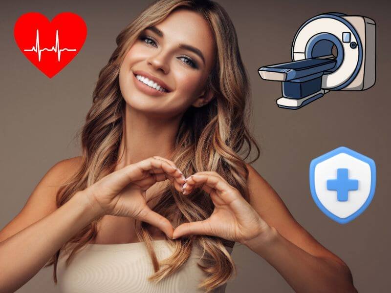 Mujer joven sonriendo y formando un corazón con las manos junto a iconos de salud y protección, simbolizando la tranquilidad que ofrece un seguro de vida para mujeres