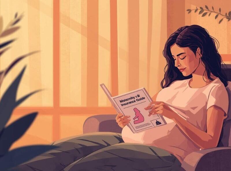 Mujer embarazada revisando información sobre seguro para embarazadas en un entorno cálido y tranquilo